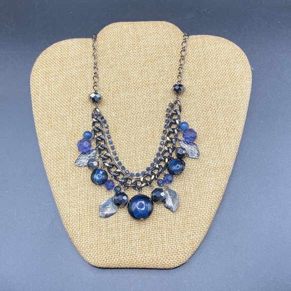 COOKIE LEE Blue Glass Beads Rhinestones Gunmetal Black Chain Statement Necklace - Picture 5 of 8